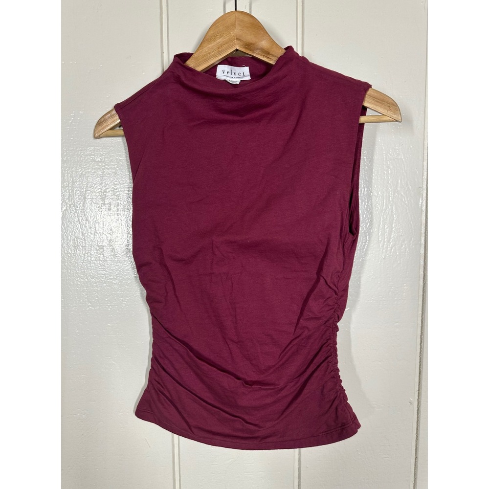 Velvet Top Womens S Burgundy Mock Neck Ruched Side Sleeveless Jersey Knit